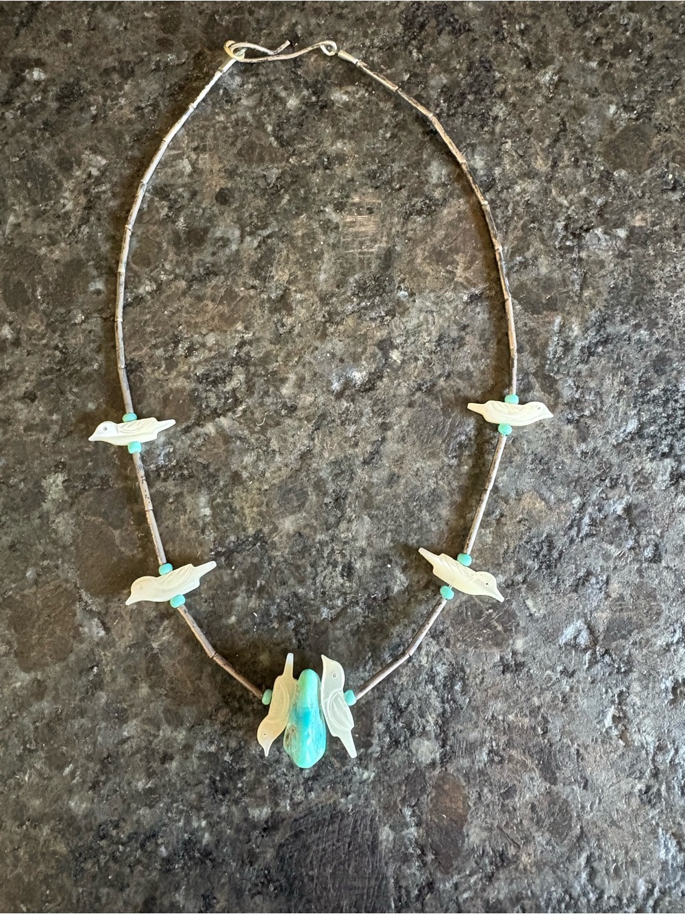 Sterling Zuni Fetish Mother Of Pearl Bird & Turquoise Necklace Choker 14.5”